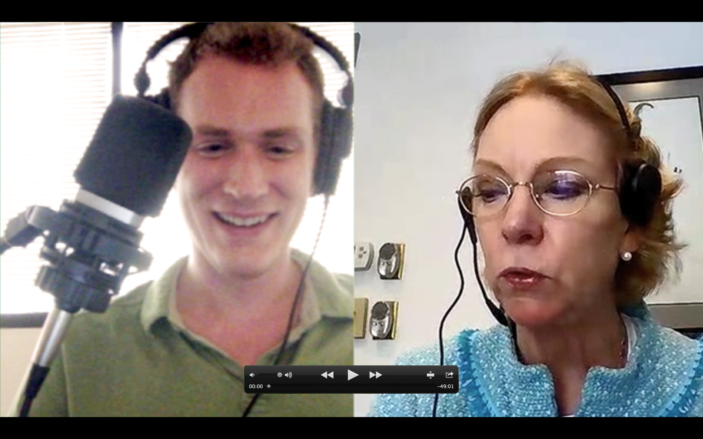 Photo of Karl Boehm and Merrie Spaeth (from left to right) recording Spiral Marketing podcast from respective studios.